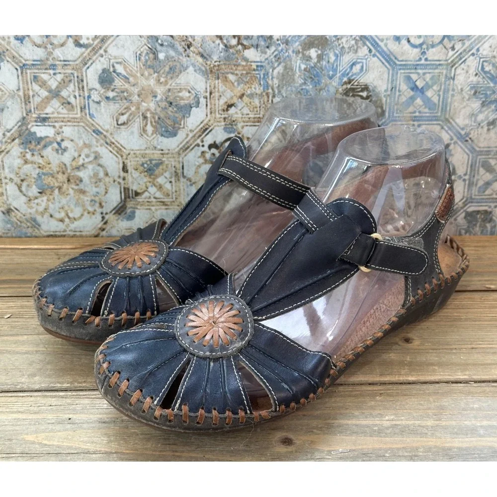 Pikolinos T-Strap Whipstitch Leather Wedge Sandals Womens 38 / 7.5 Black Shoes